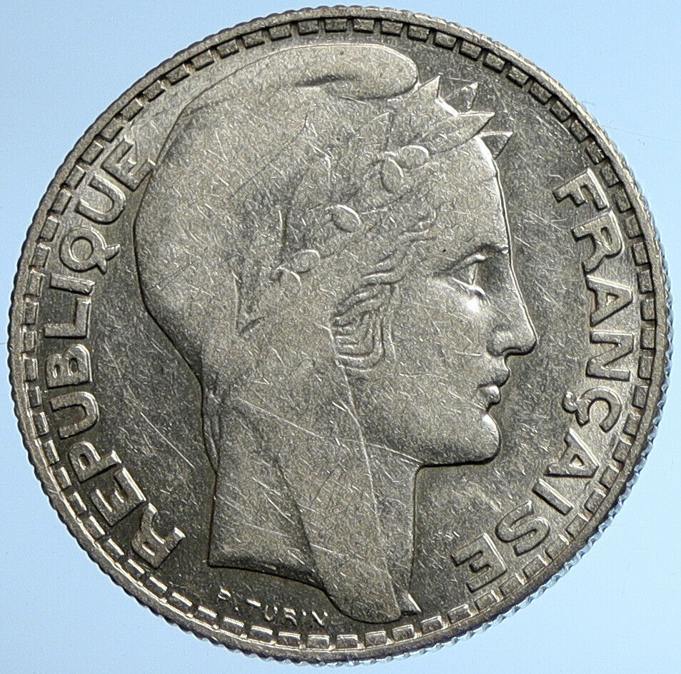 1932 FRANCE w Marianne FRENCH MOTTO Old VINTAGE Silver 10 Francs Coin i107836