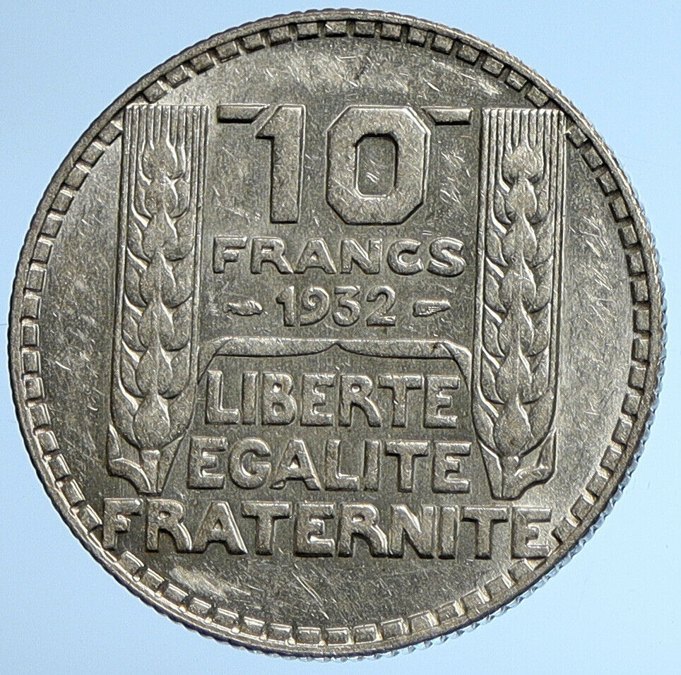 1932 FRANCE w Marianne FRENCH MOTTO Old VINTAGE Silver 10 Francs Coin i107836