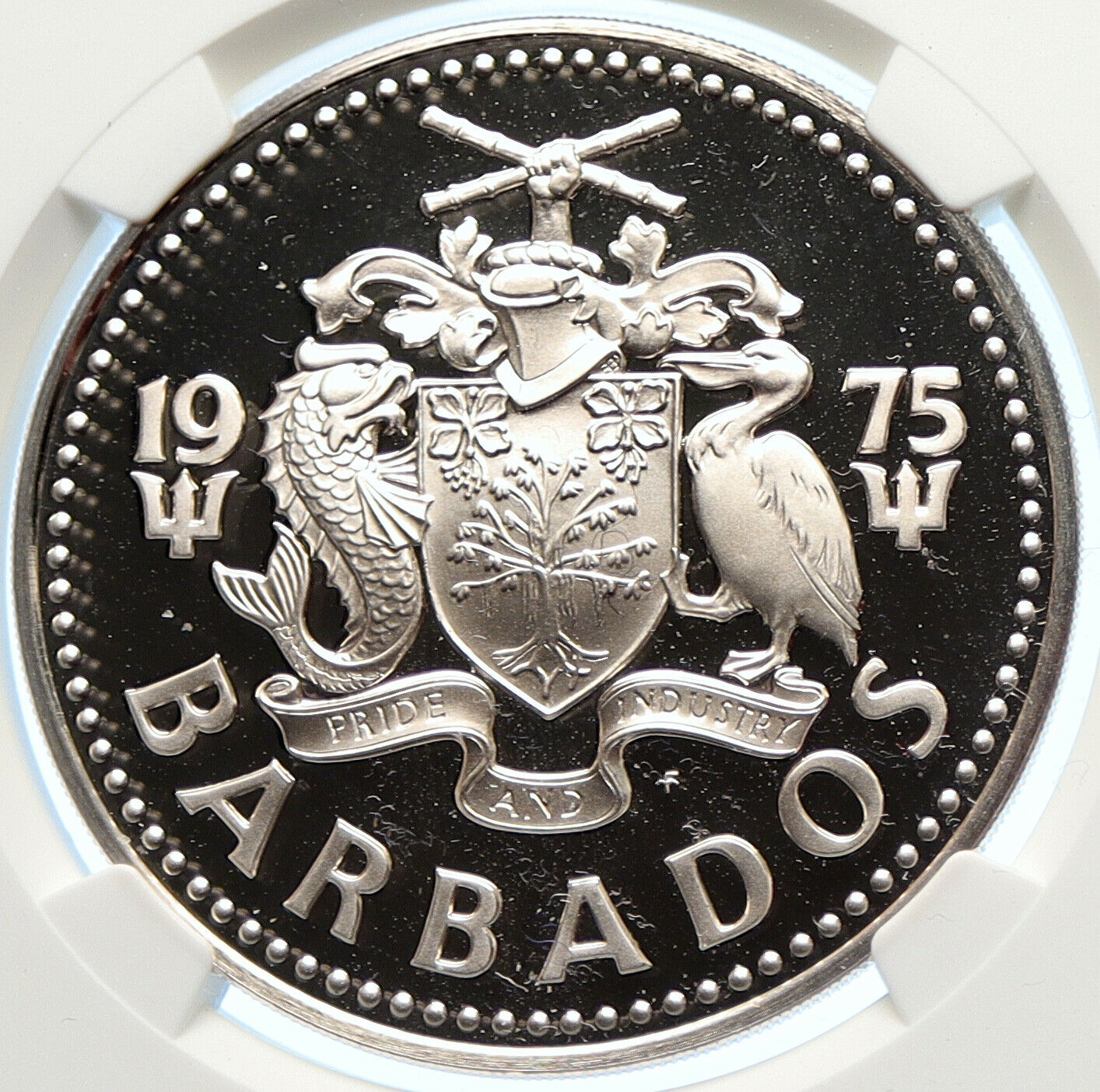 1975 BARBADOS Arms Fountain Trafalgar Proof Silver 5 Dollars Coin NGC i106359