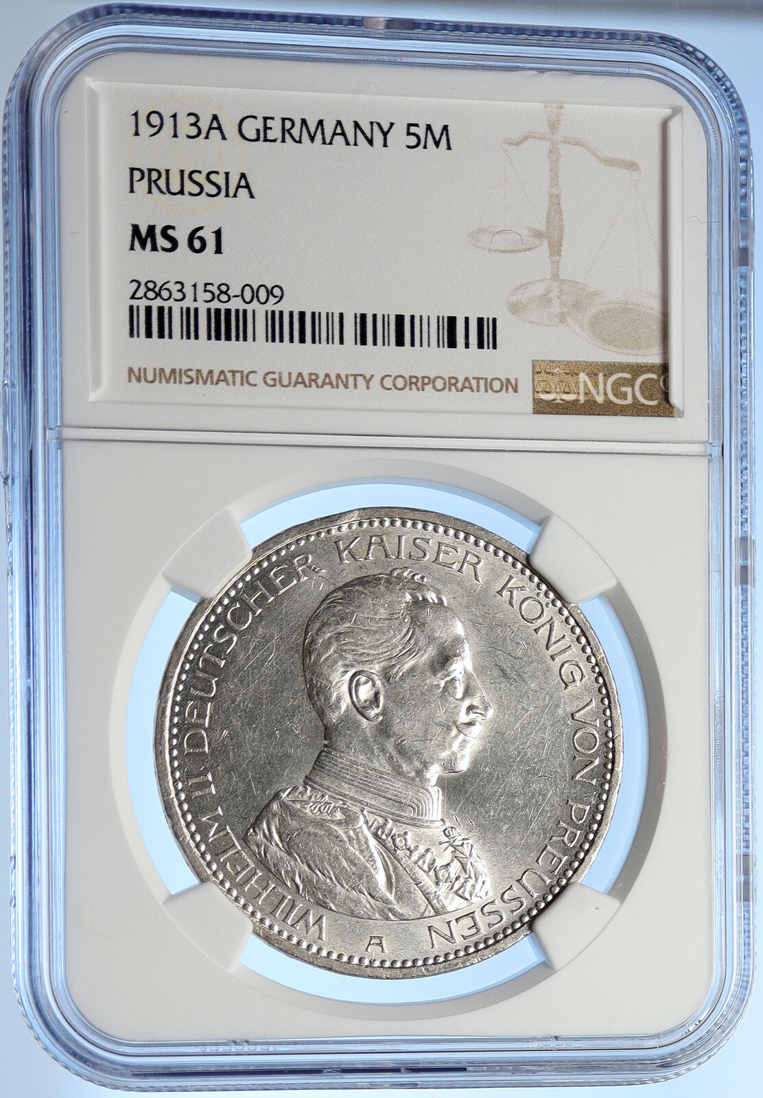 1913 GERMANY GERMAN STATES PRUSSIA WILHELM II Old Silver 5 Mark Coin NGC i106224