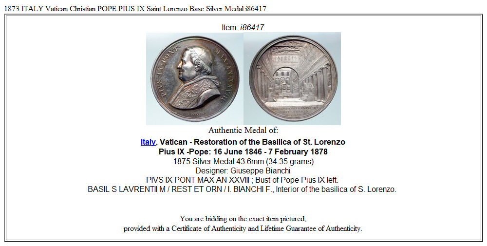 1873 ITALY Vatican Christian POPE PIUS IX Saint Lorenzo Basc Silver Medal i86417