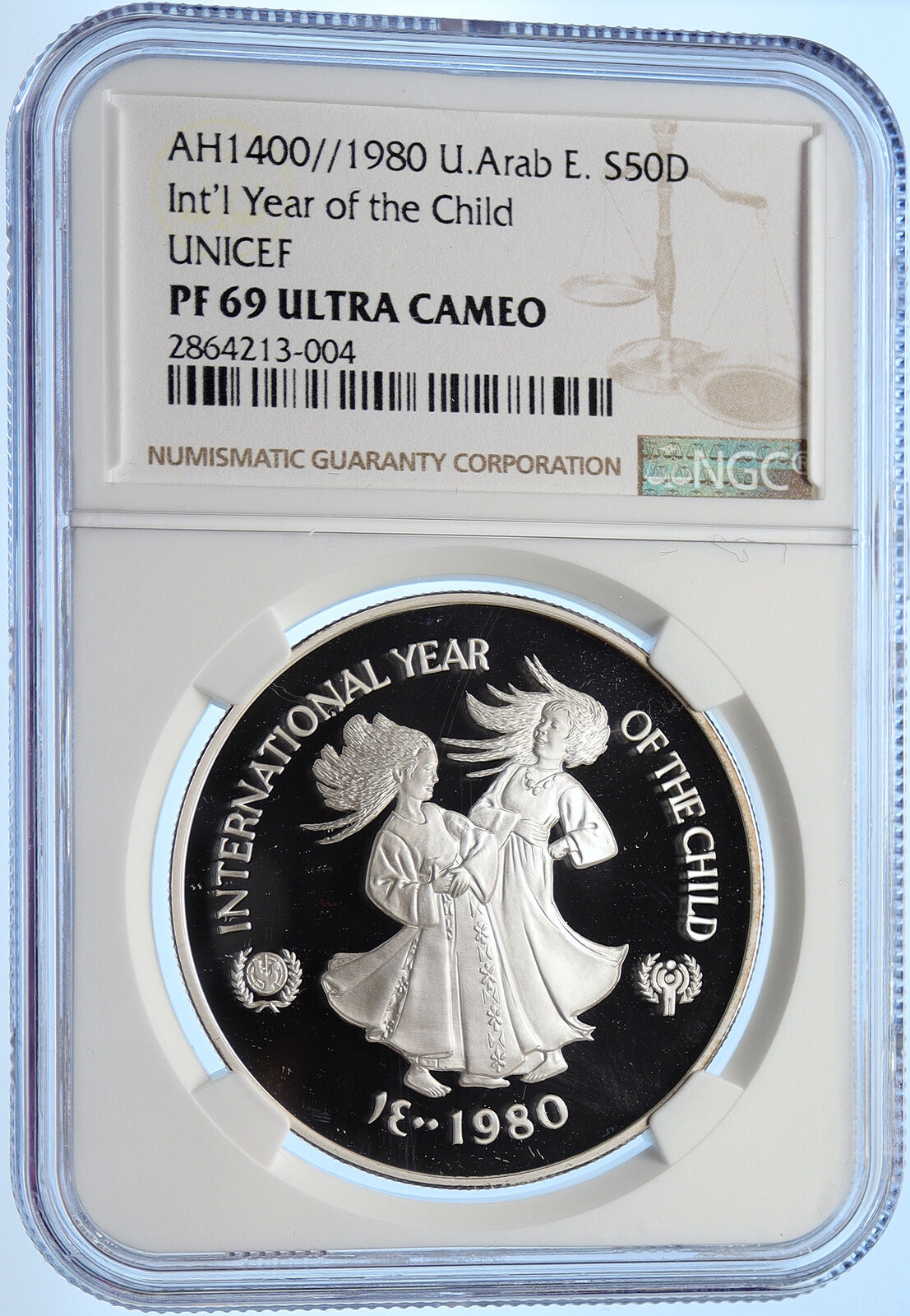 1980 United Arab Emirates YEAR OF THE CHILD Proof Silver 50 Dir Coin NGC i106395