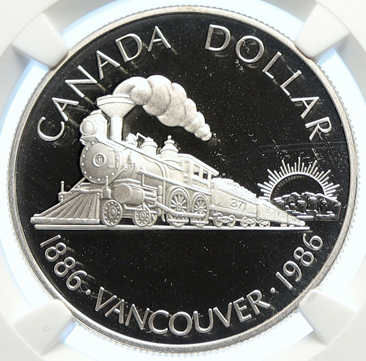 1986 CANADA Vancouver UK Queen Elizabeth II Train Proof Silver Coin NGC i106375