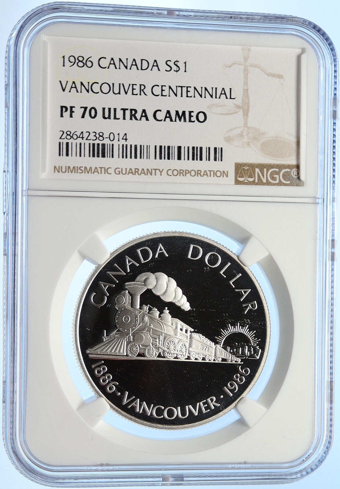 1986 CANADA Vancouver UK Queen Elizabeth II Train Proof Silver Coin NGC i106375