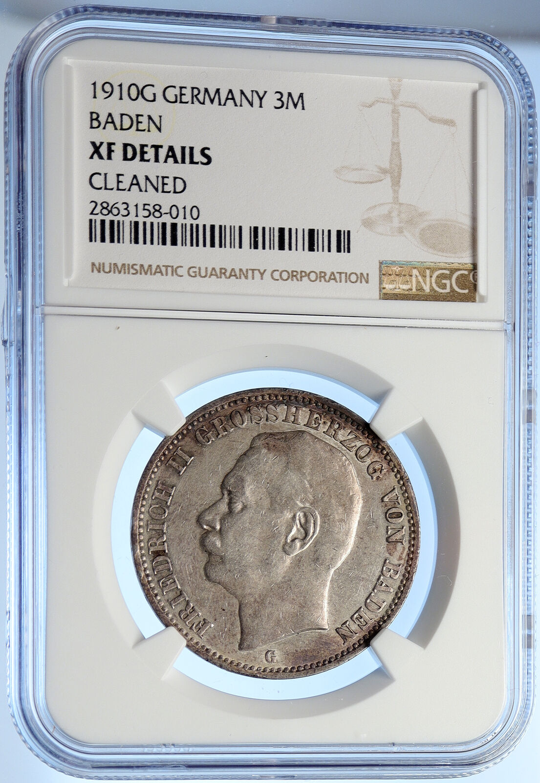 1910G Baden German State KING FREDERICK II Eagle SILVER 3 Mark Coin NGC i106225