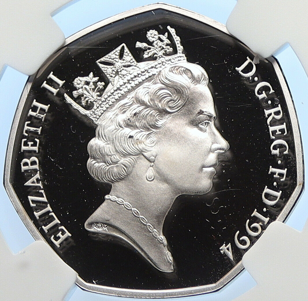 1994 UK Queen Elizabeth II Normandy WWII DDay Proof Silver 50P Coin NGC i106404