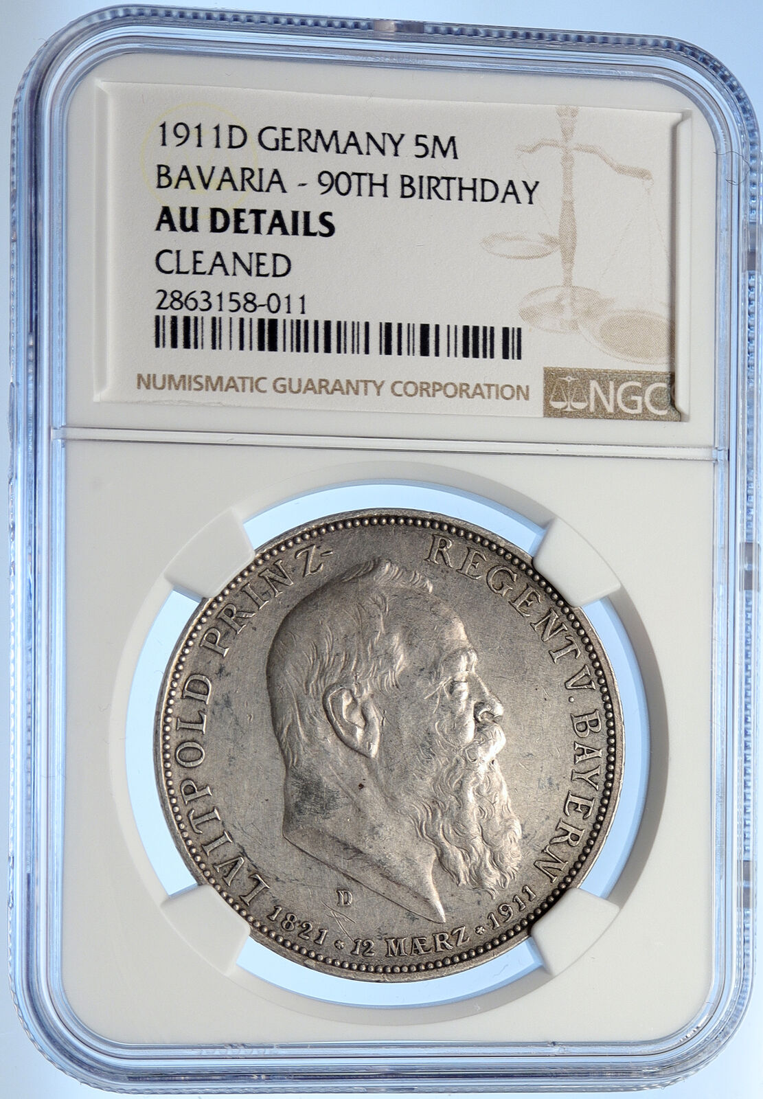 1911 D GERMANY Bavaria Otto I PRINCE LUITPOLD Silver 3 Marks Coin NGC i106226