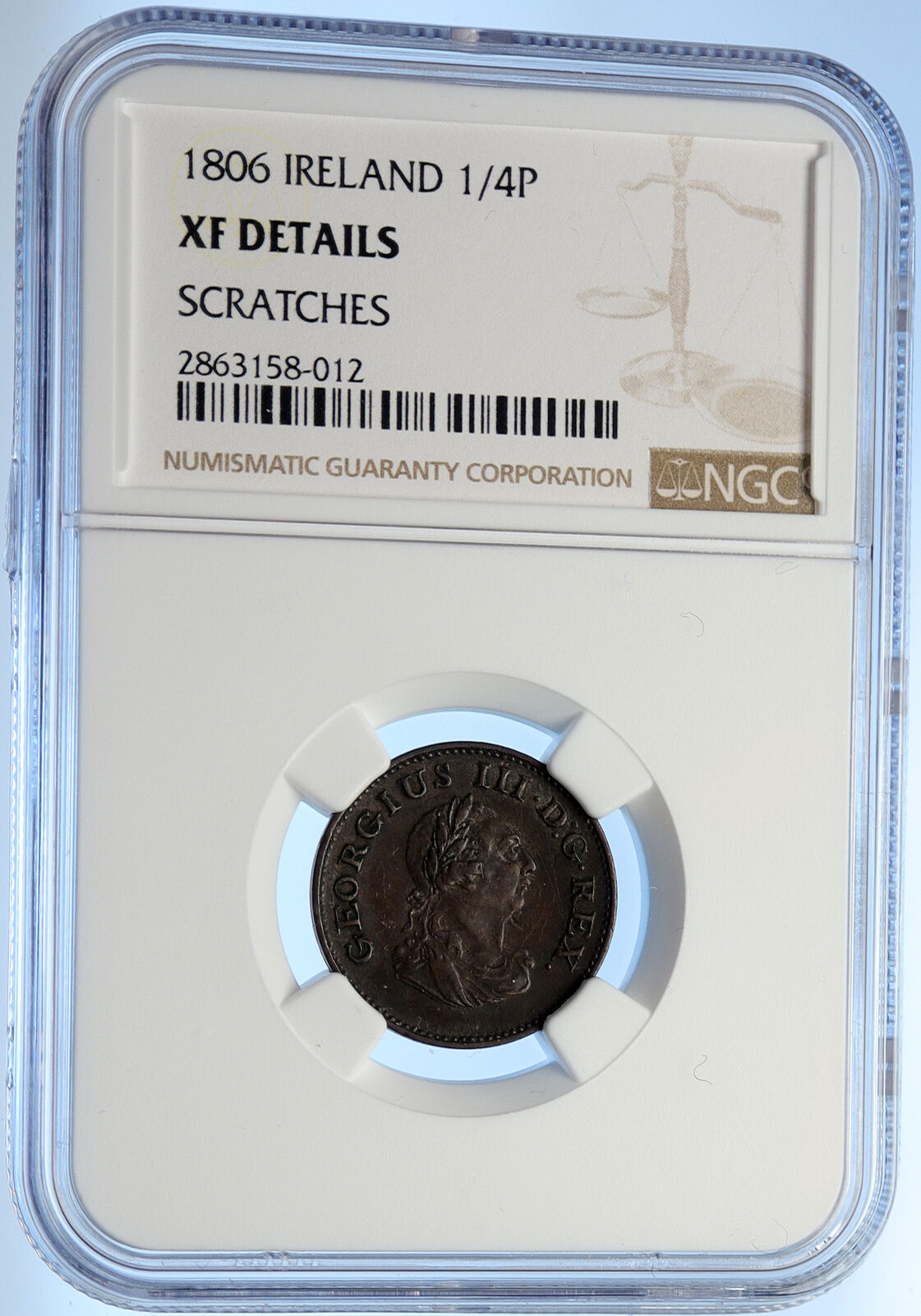 1806 IRELAND UK King George III Antique Lyre VINTAGE Farthing Coin NGC i106227