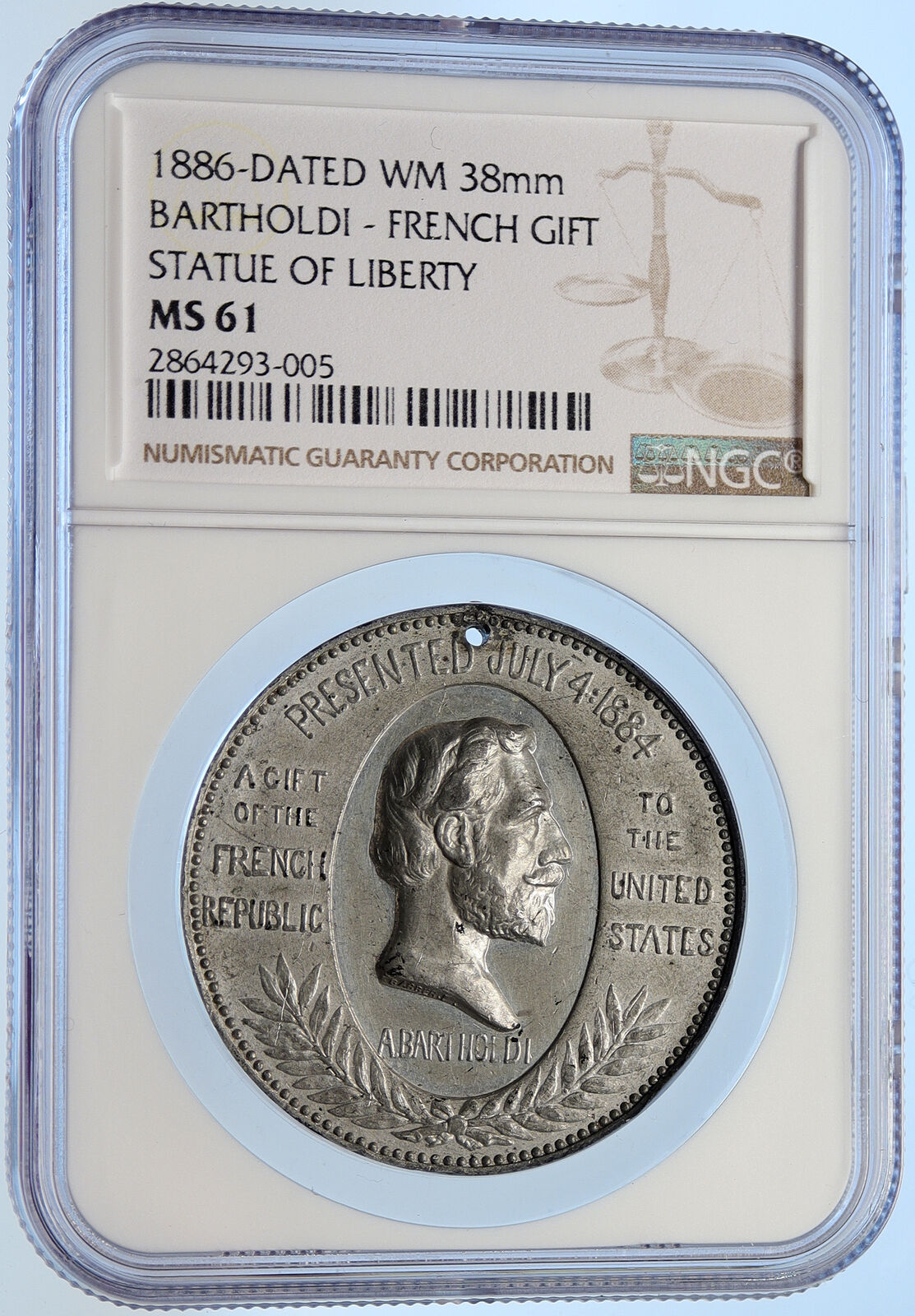 1886 UNITED STATES Ellis BARTHOLDI Presents Statue of Liberty Medal NGC i106425