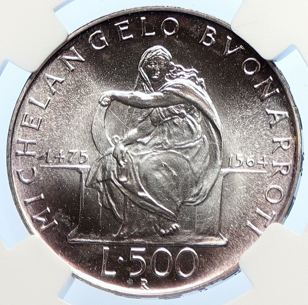 1975 ITALY Michaelangelo DELPHIC SIBYL Fresco Silver 500 Lire Coin NGC i106430