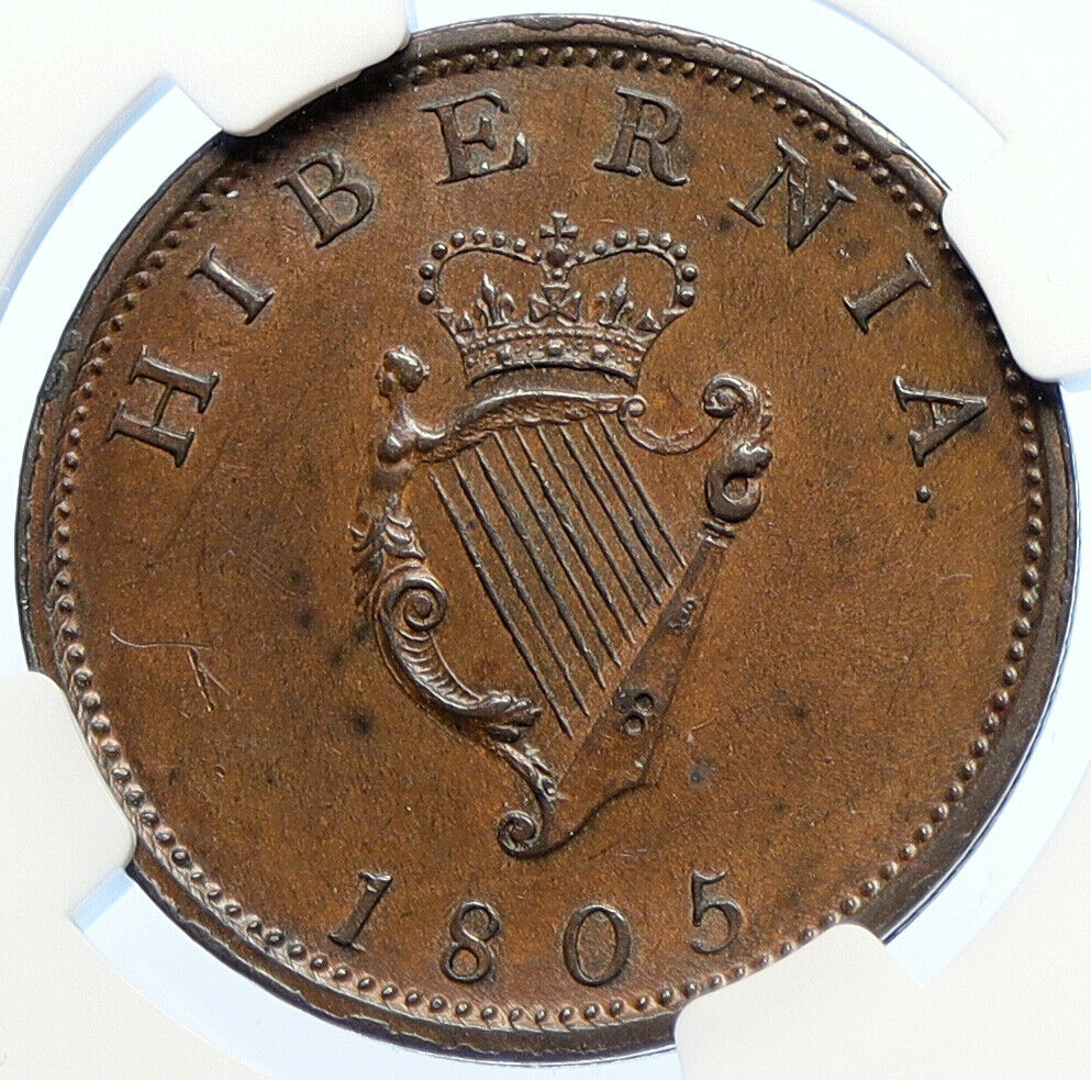 1805 IRELAND UK King George III Antique Lyre VINTAGE 1/2 Penny Coin NGC i106432