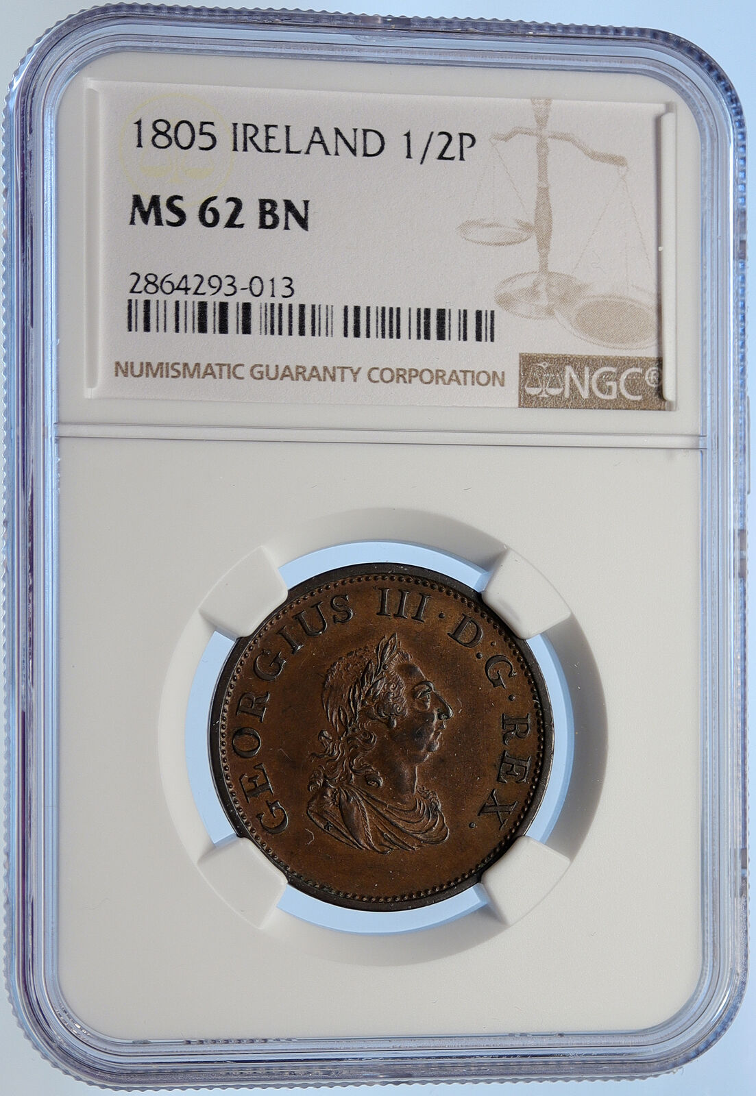 1805 IRELAND UK King George III Antique Lyre VINTAGE 1/2 Penny Coin NGC i106432