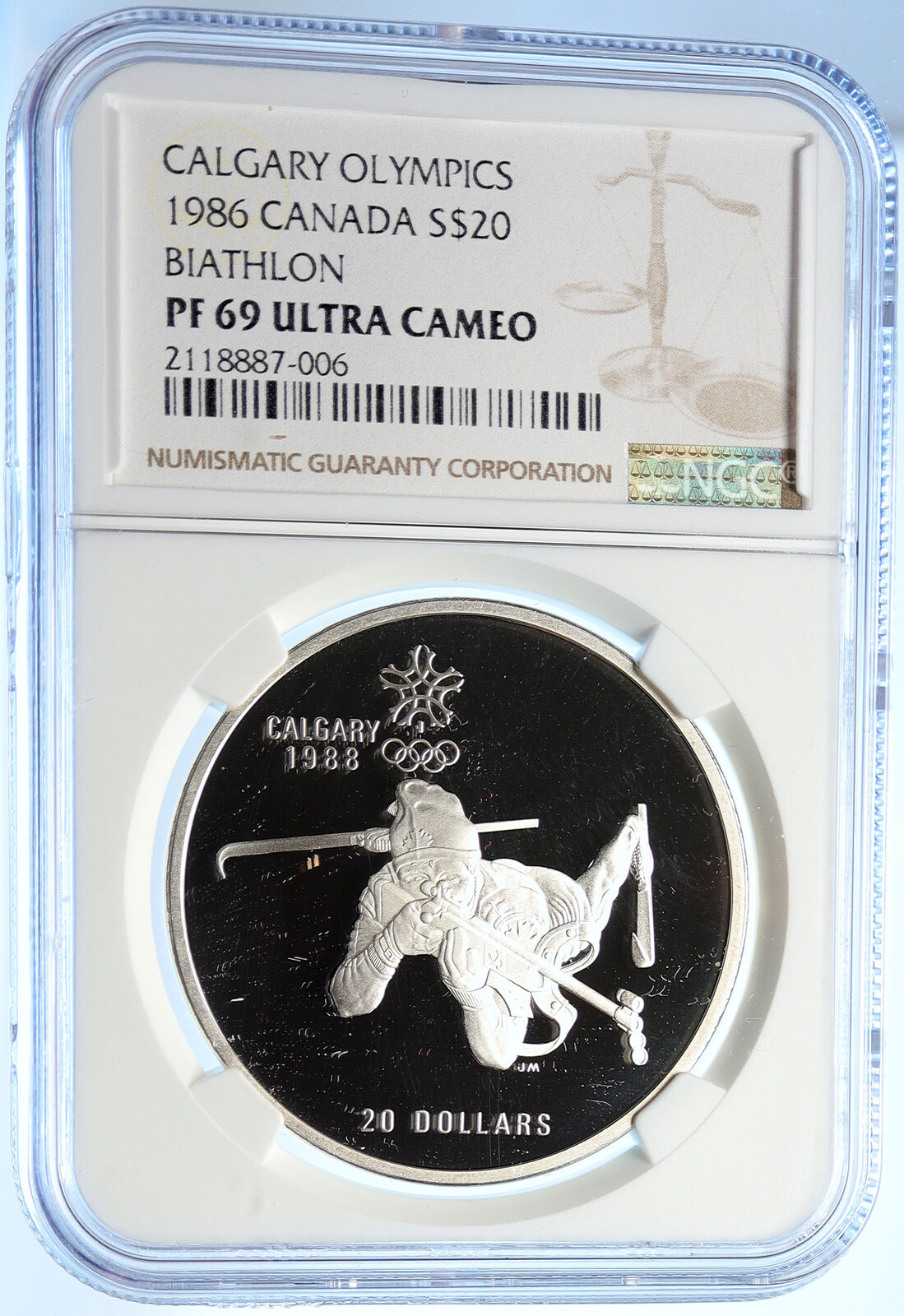 1986 CANADA Old 1988 CALGARY OLYMPICS BIATHLON Proof Silver $20 Coin NGC i106440