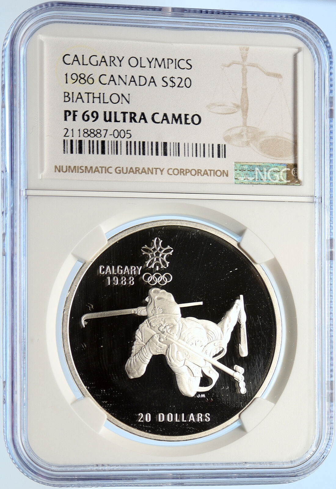 1986 CANADA Old 1988 CALGARY OLYMPICS BIATHLON Proof Silver $20 Coin NGC i106439