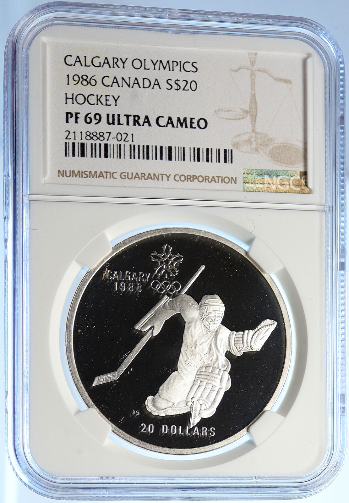 1986 CANADA for 1988 CALGARY OLYMPICS HOCKEY NGC Proof Silver $20 Coin i106455