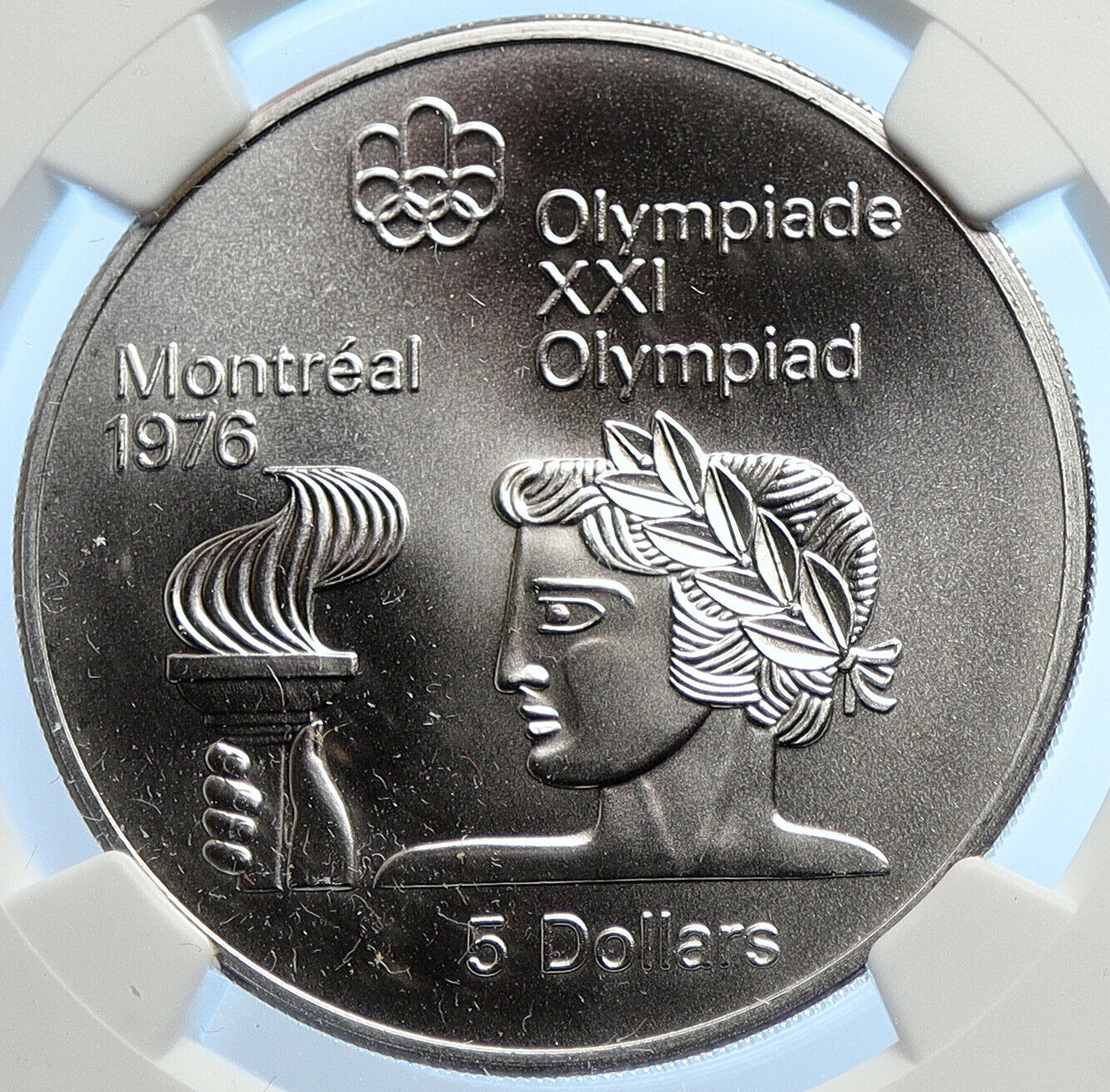 1974 CANADA Elizabeth II Olympics Montreal TORCH OLD Silver $5 Coin NGC i106460