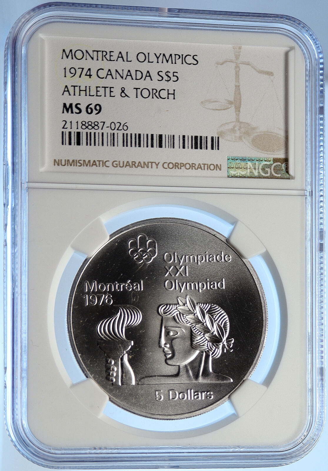 1974 CANADA Elizabeth II Olympics Montreal TORCH OLD Silver $5 Coin NGC i106460