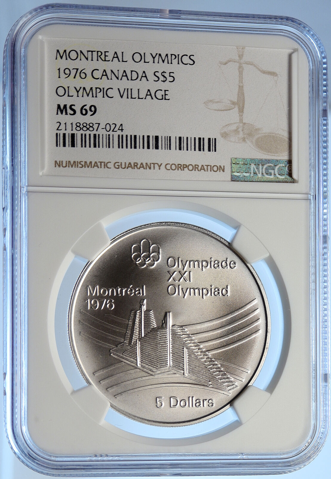 1976 CANADA UK Elizabeth II Olympics Montreal Village Silver $5 Coin NGC i106458