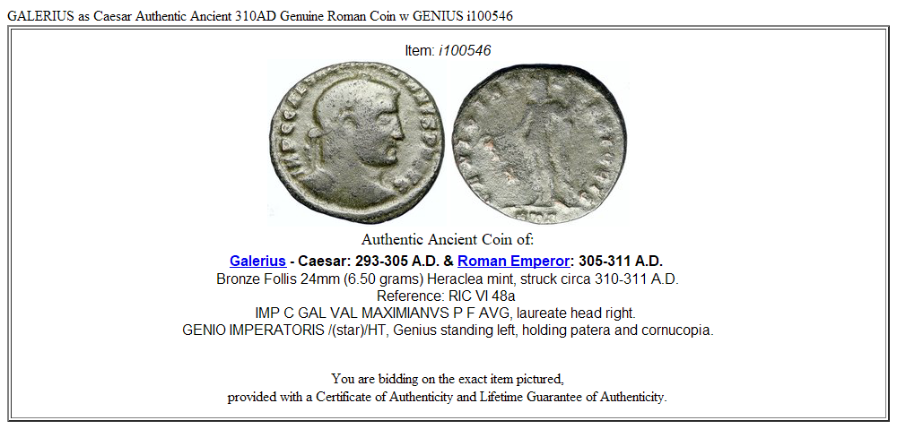 GALERIUS as Caesar Authentic Ancient 310AD Genuine Roman Coin w GENIUS i100546