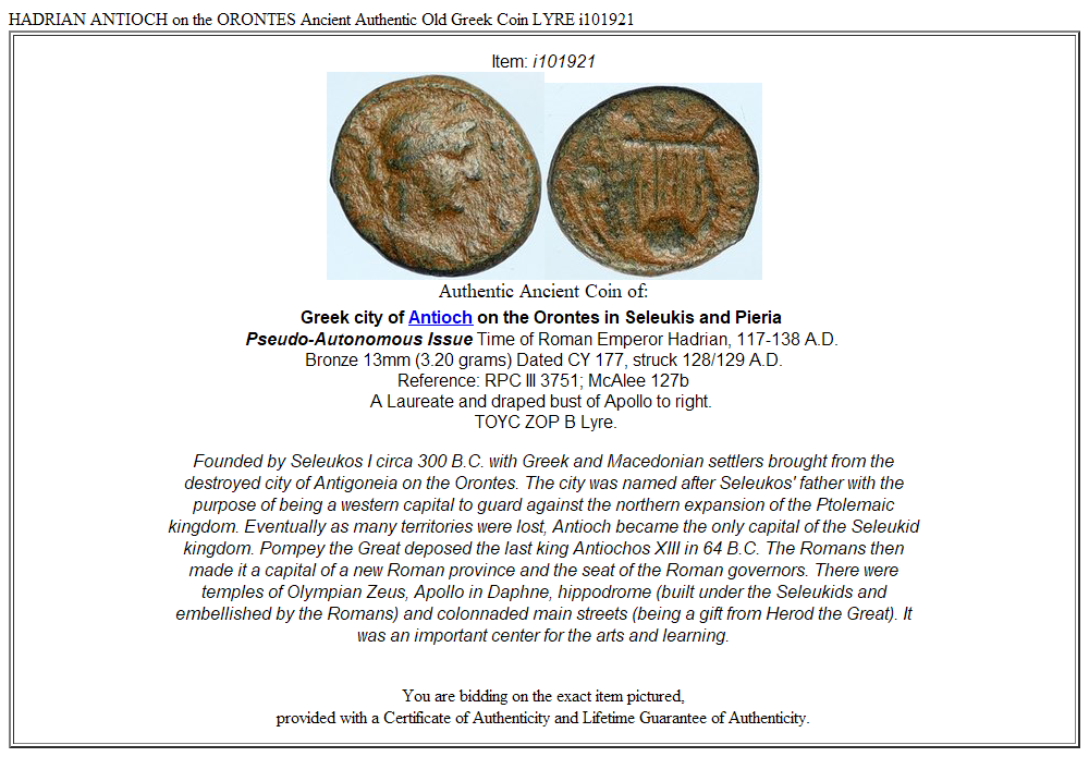 HADRIAN ANTIOCH on the ORONTES Ancient Authentic Old Greek Coin LYRE i101921