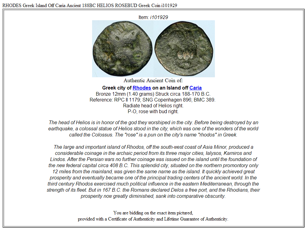 RHODES Greek Island Off Caria Ancient 188BC HELIOS ROSEBUD Greek Coin i101929