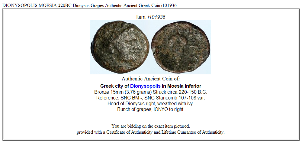 DIONYSOPOLIS MOESIA 220BC Dionysus Grapes Authentic Ancient Greek Coin i101936