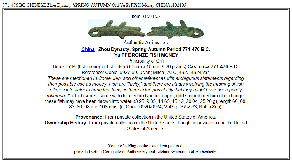 771-476 BC CHINESE Zhou Dynasty SPRING-AUTUMN Old Yu Pi FISH Money CHINA i102105