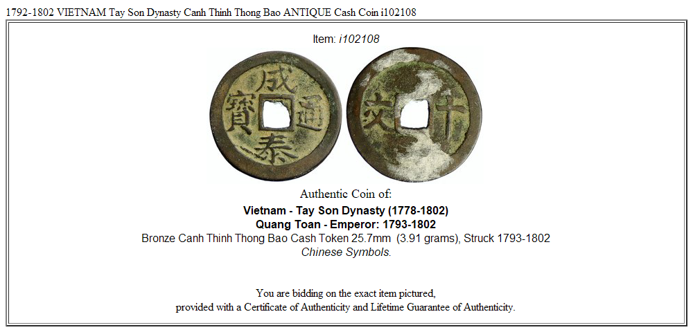 1792-1802 VIETNAM Tay Son Dynasty Canh Thinh Thong Bao ANTIQUE Cash Coin i102108