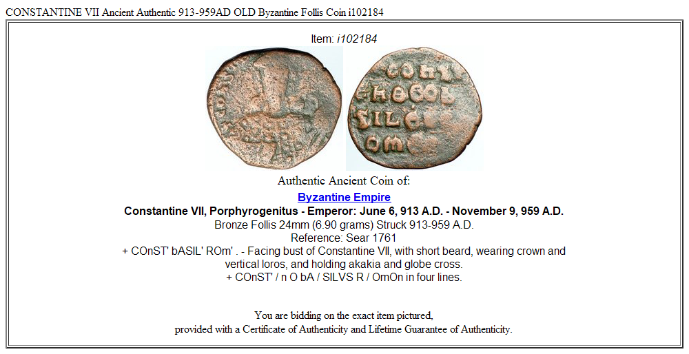 CONSTANTINE VII Ancient Authentic 913-959AD OLD Byzantine Follis Coin i102184