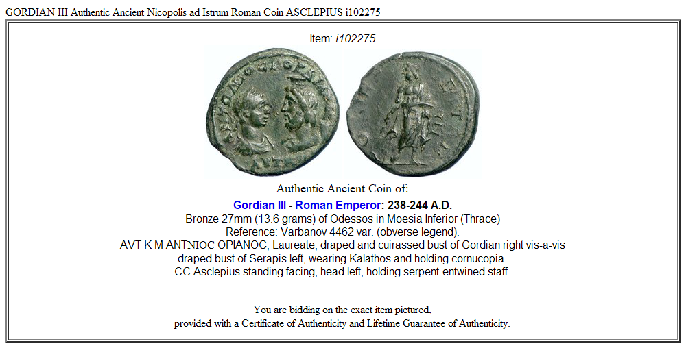 GORDIAN III Authentic Ancient Nicopolis ad Istrum Roman Coin ASCLEPIUS i102275