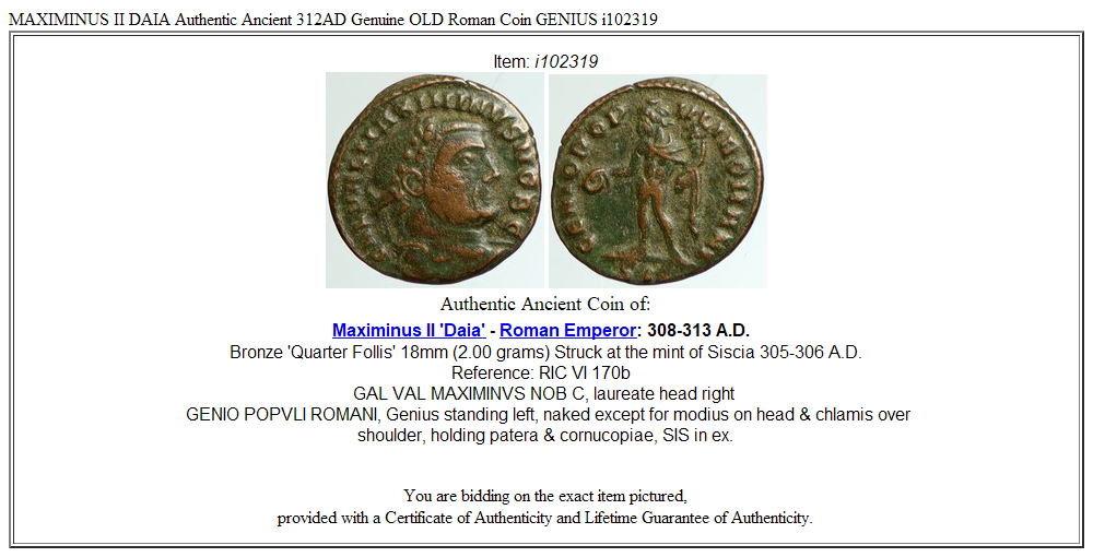 MAXIMINUS II DAIA Authentic Ancient 312AD Genuine OLD Roman Coin GENIUS i102319