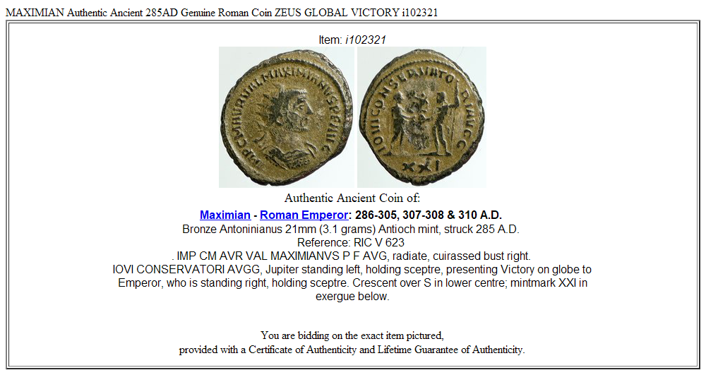 MAXIMIAN Authentic Ancient 285AD Genuine Roman Coin ZEUS GLOBAL VICTORY i102321