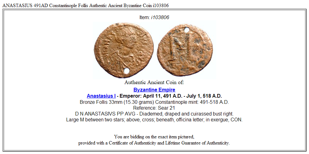 ANASTASIUS 491AD Constantinople Follis Authentic Ancient Byzantine Coin i103806