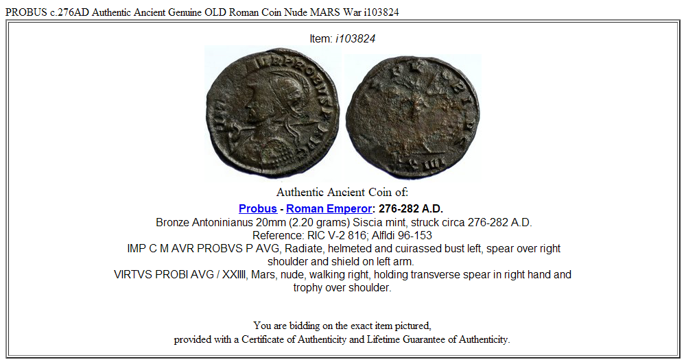 PROBUS c.276AD Authentic Ancient Genuine OLD Roman Coin Nude MARS War i103824