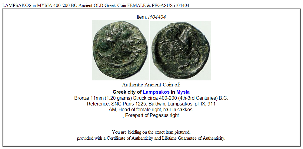 LAMPSAKOS in MYSIA 400-200 BC Ancient OLD Greek Coin FEMALE & PEGASUS i104404