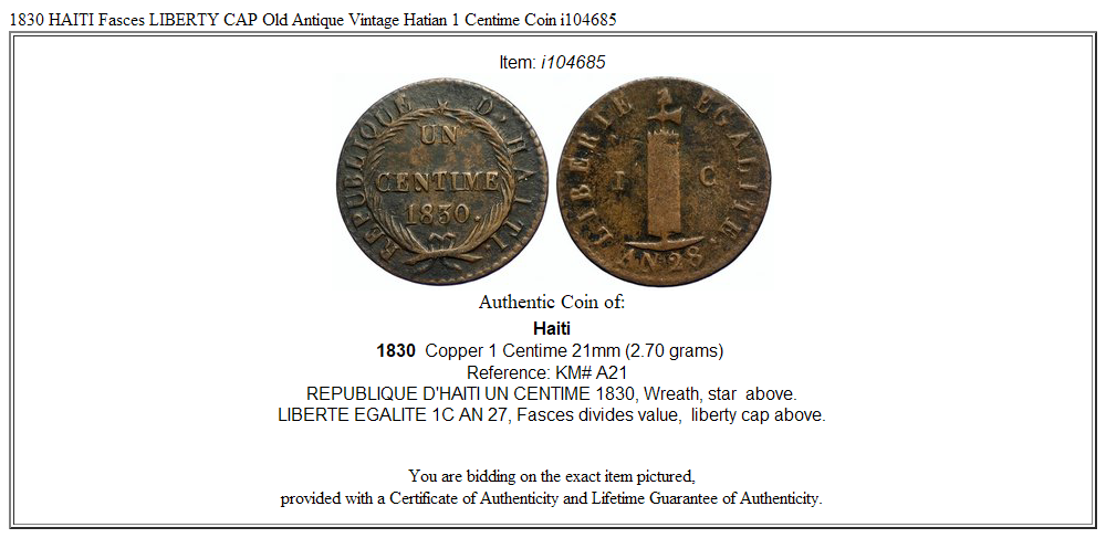 1830 HAITI Fasces LIBERTY CAP Old Antique Vintage Hatian 1 Centime Coin i104685