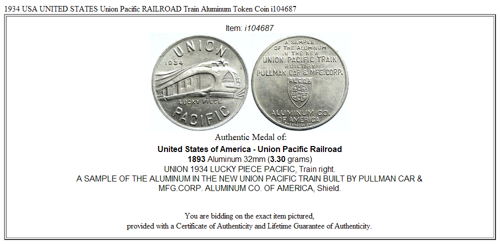 1934 USA UNITED STATES Union Pacific RAILROAD Train Aluminum Token Coin i104687