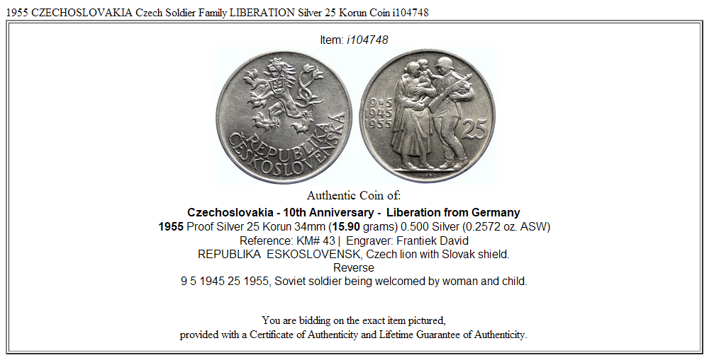 1955 CZECHOSLOVAKIA Czech Soldier Family LIBERATION Silver 25 Korun Coin i104748