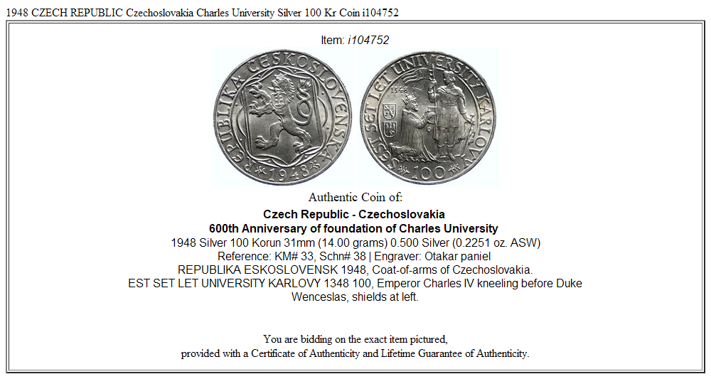 1948 CZECH REPUBLIC Czechoslovakia Charles University Silver 100 Kr Coin i104752