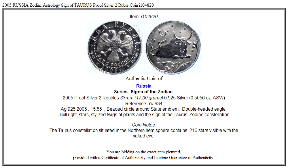 2005 RUSSIA Zodiac Astrology Sign of TAURUS Proof Silver 2 Ruble Coin i104820