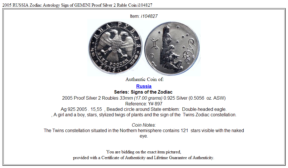 2005 RUSSIA Zodiac Astrology Sign of GEMINI Proof Silver 2 Ruble Coin i104827