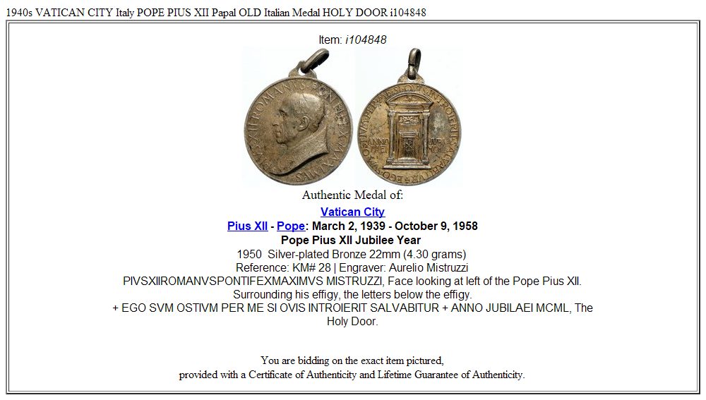 1940s VATICAN CITY Italy POPE PIUS XII Papal OLD Italian Medal HOLY DOOR i104848