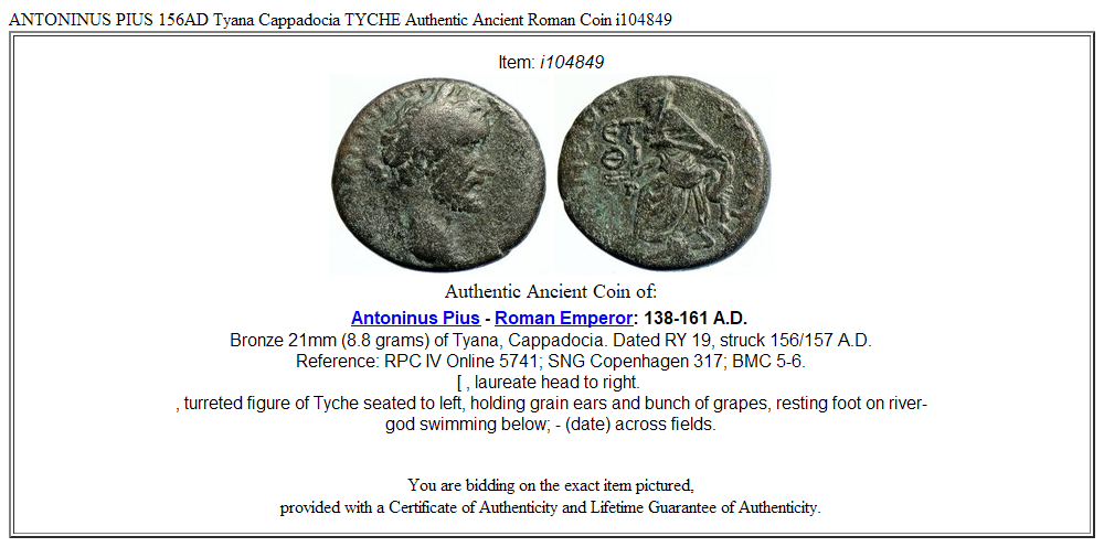 ANTONINUS PIUS 156AD Tyana Cappadocia TYCHE Authentic Ancient Roman Coin i104849