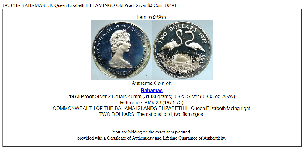 1973 The BAHAMAS UK Queen Elizabeth II FLAMINGO Old Proof Silver $2 Coin i104914