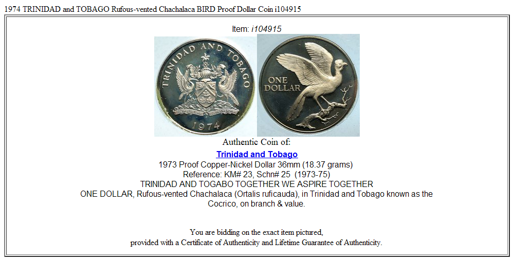 1974 TRINIDAD and TOBAGO Rufous-vented Chachalaca BIRD Proof Dollar Coin i104915