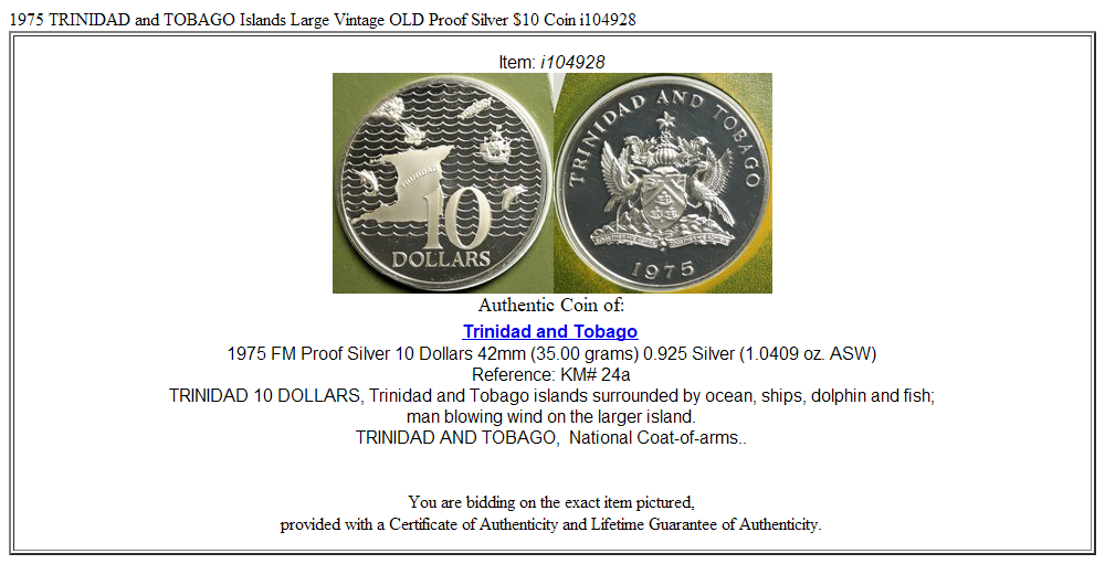 1975 TRINIDAD and TOBAGO Islands Large Vintage OLD Proof Silver $10 Coin i104928