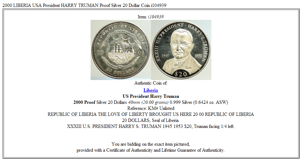 2000 LIBERIA USA President HARRY TRUMAN Proof Silver 20 Dollar Coin i104939