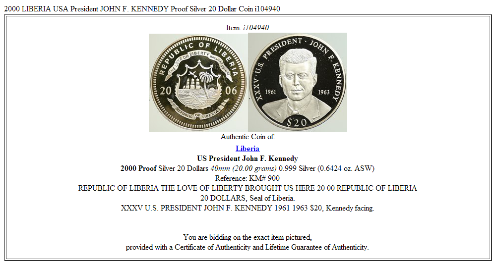 2000 LIBERIA USA President JOHN F. KENNEDY Proof Silver 20 Dollar Coin i104940