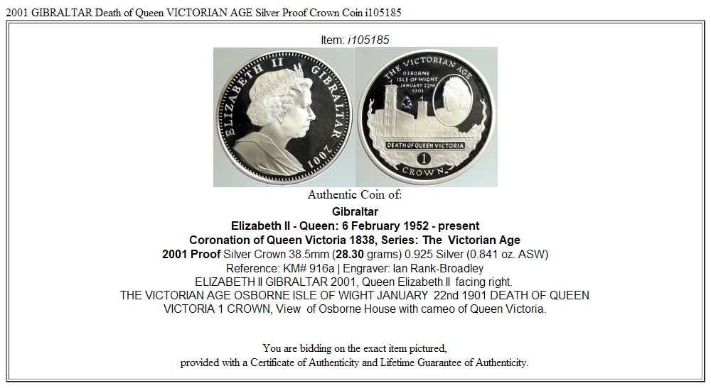 2001 GIBRALTAR Death of Queen VICTORIAN AGE Silver Proof Crown Coin i105185