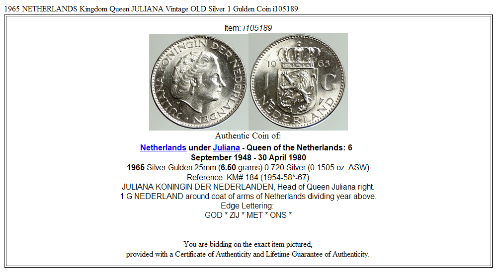 1965 NETHERLANDS Kingdom Queen JULIANA Vintage OLD Silver 1 Gulden Coin i105189